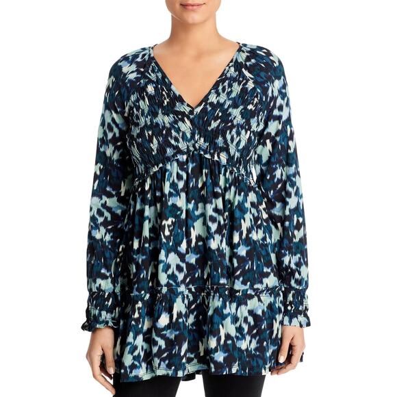 BeachLunchLounge Talia Blue Smocked Tunic Blouse - Size Small - Long Sleeves - Picture 1 of 9